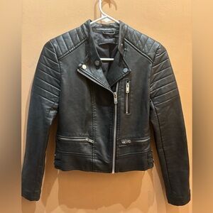 Zara Basic Outerwear Moto Jacket Faux Leather Womens XS Black Full Zip